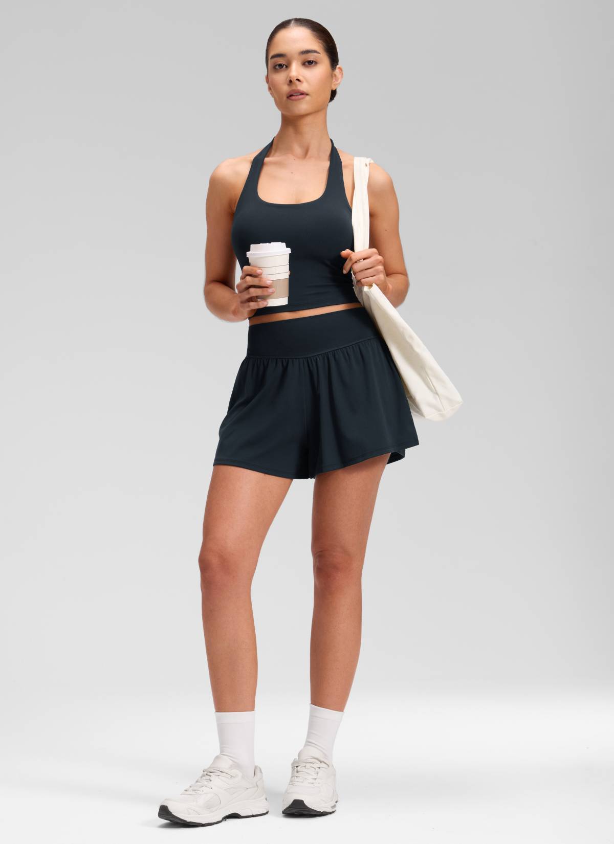 CRZ YOGA Women's Softretch Yoga High Rise Pocket Flowy 2 in 1 Shorts True Navy