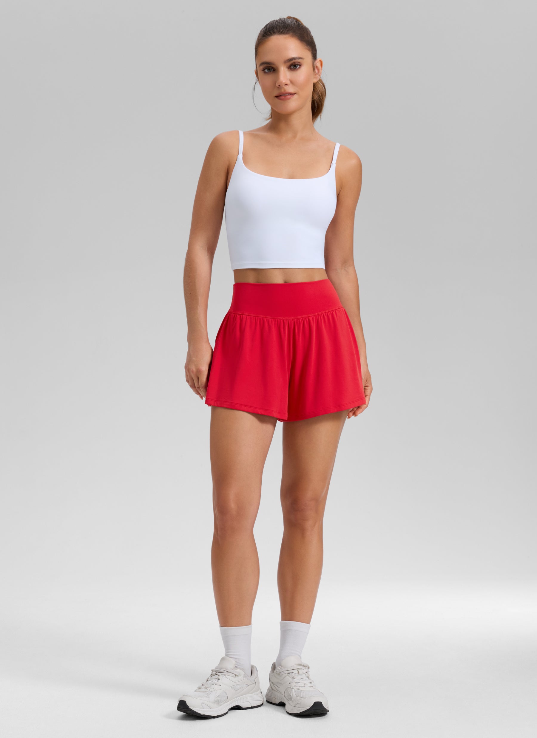 CRZ YOGA Women's Softretch Yoga High Rise Pocket Flowy 2 in 1 Shorts Aurora Red