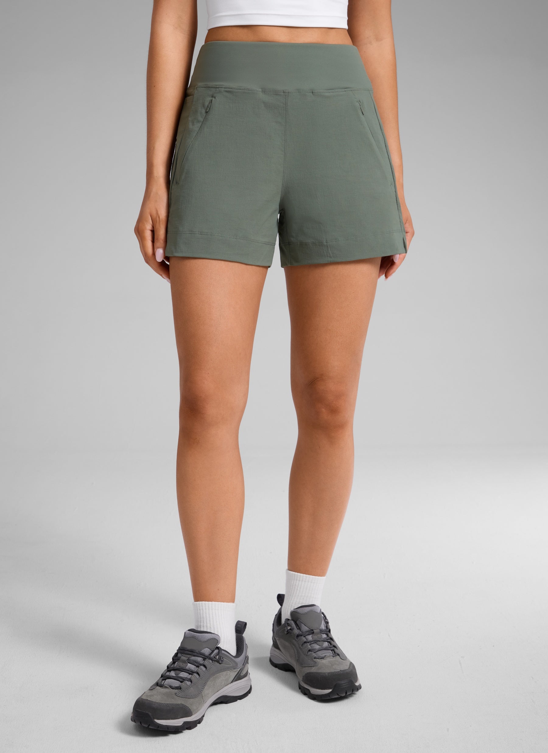 CRZ YOGA Women's Hiking Ripstop Mid-Rise Hiking Shorts Zip Pockets 4'' Grey Sage