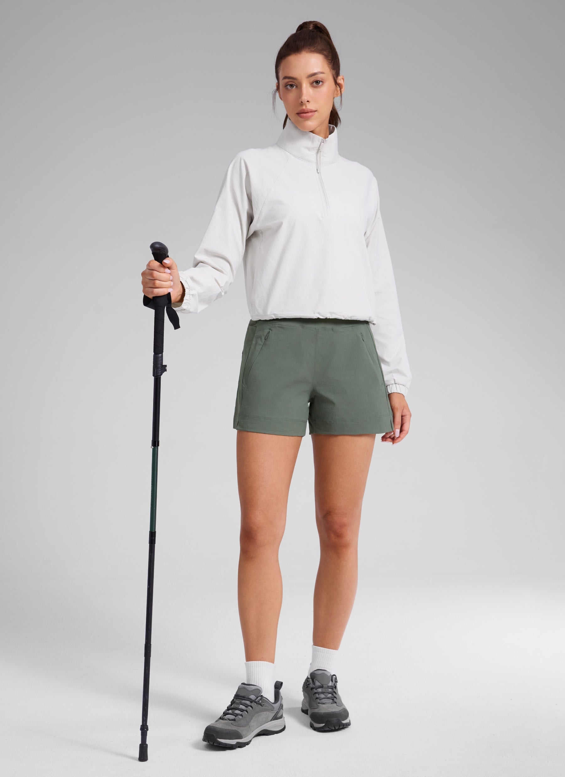 CRZ YOGA Women's Hiking Ripstop Mid-Rise Hiking Shorts Zip Pockets 4'' Grey Sage