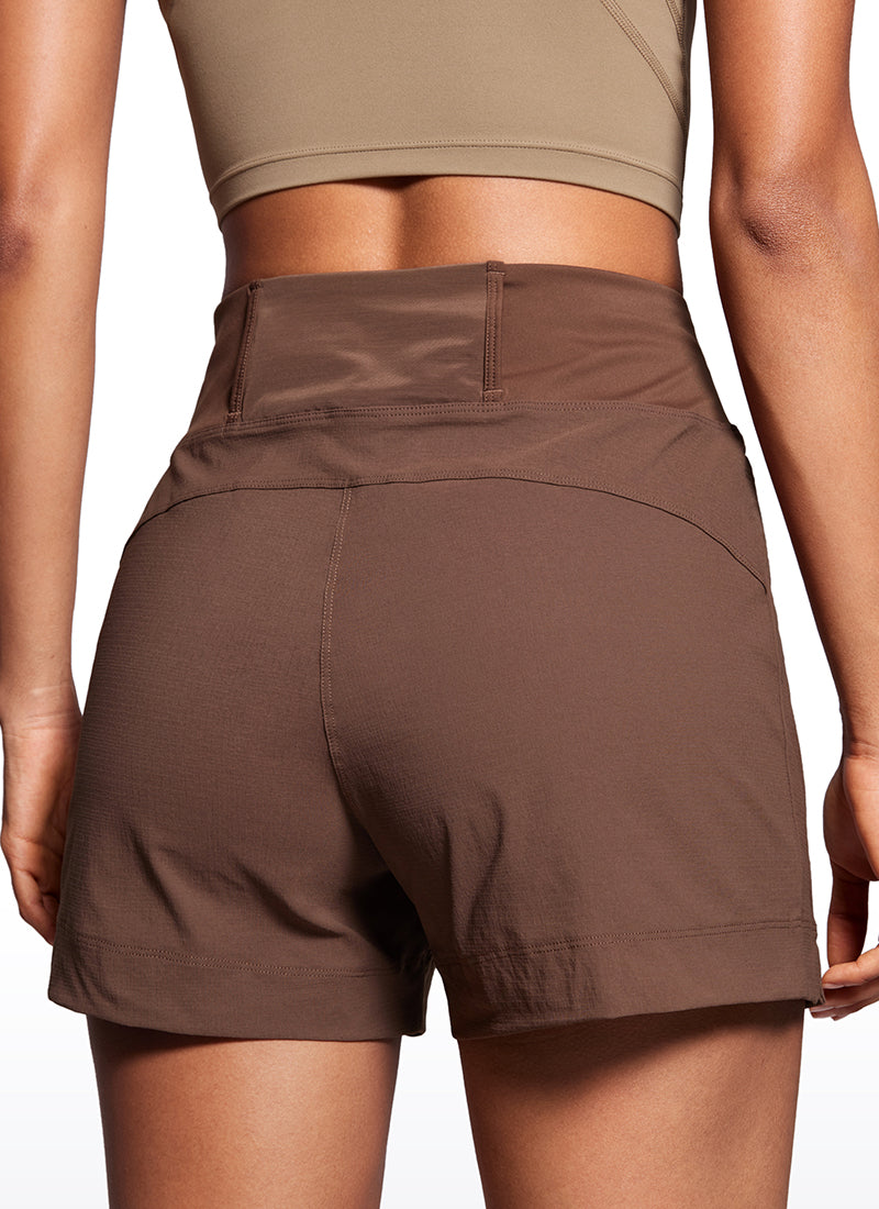 CRZ YOGA Women's Hiking Ripstop Mid-Rise Hiking Shorts Zip Pockets 4'' Coffee Brown @model_info:Amanda