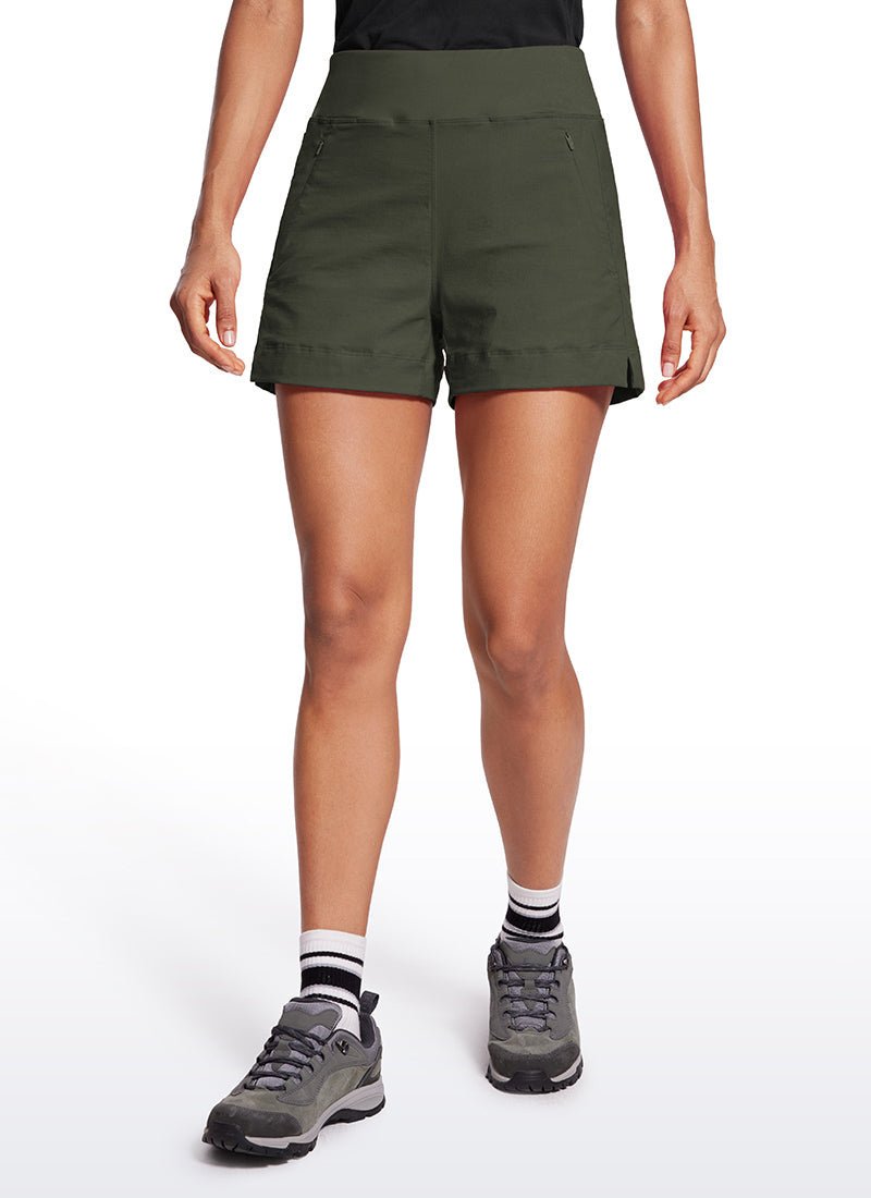 CRZ YOGA Women's Hiking Ripstop Mid-Rise Hiking Shorts Zip Pockets 4'' Olive Green @model_info:Amanda