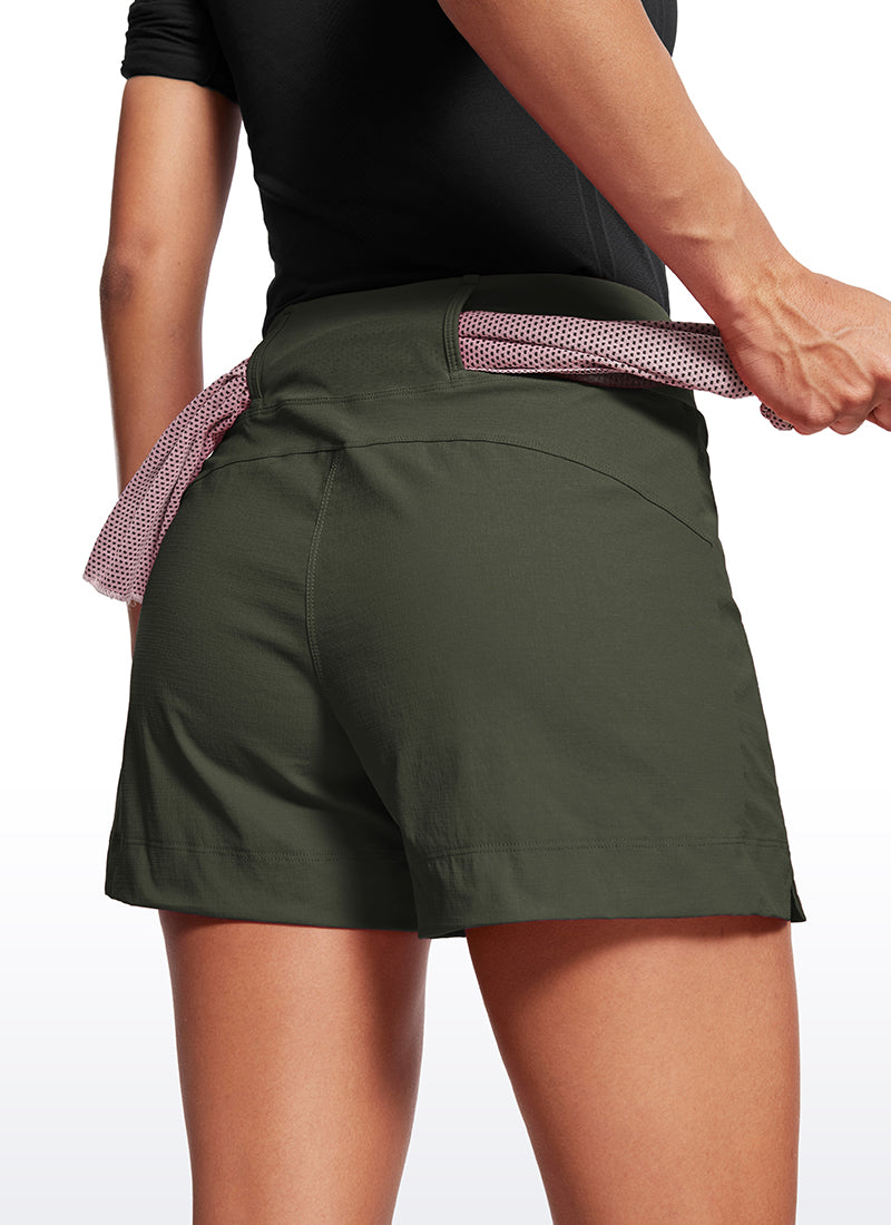 CRZ YOGA Women's Hiking Ripstop Mid-Rise Hiking Shorts Zip Pockets 4'' Olive Green @model_info:Amanda
