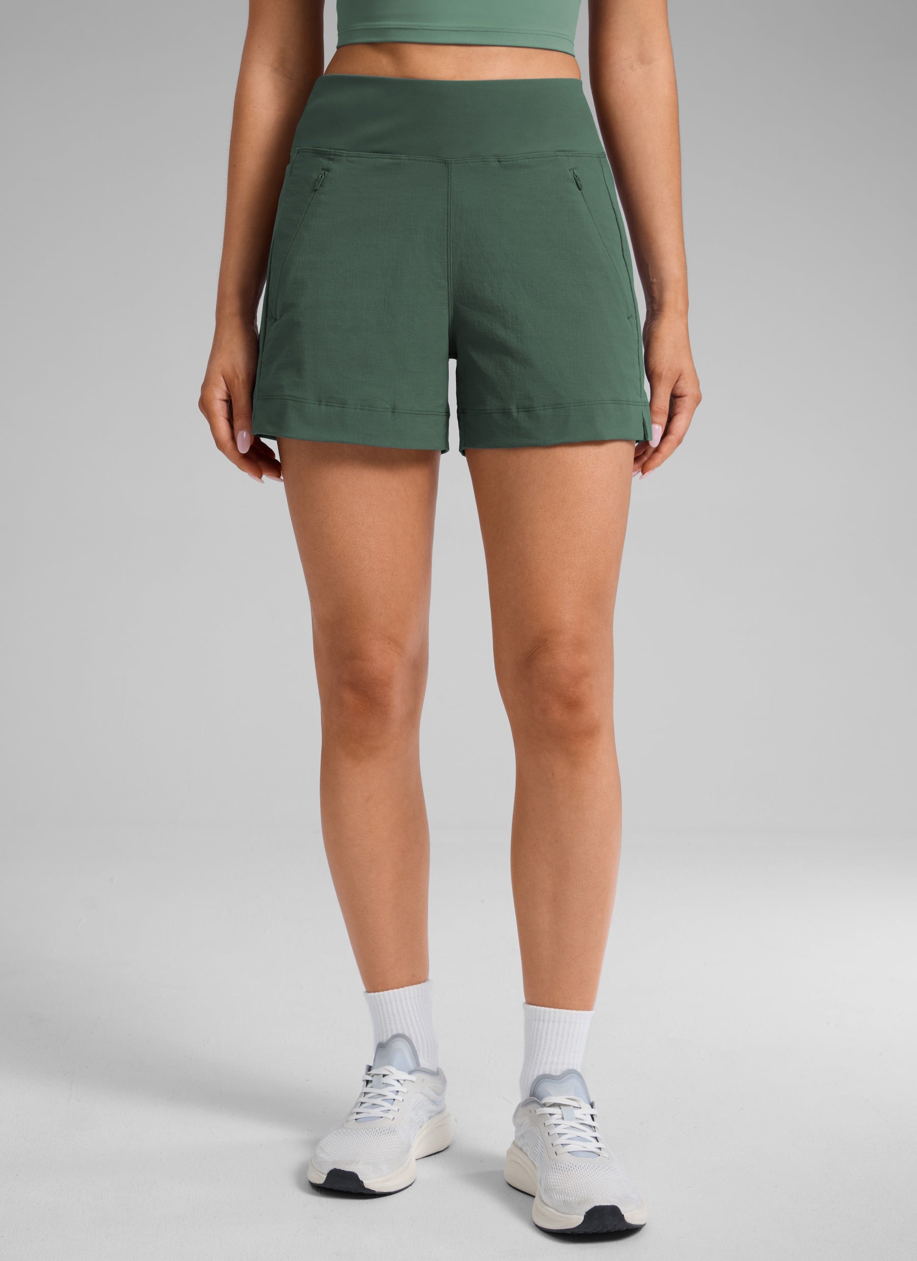 CRZ YOGA Women's Hiking Ripstop Mid-Rise Hiking Shorts Zip Pockets 4'' Dark Forest Green