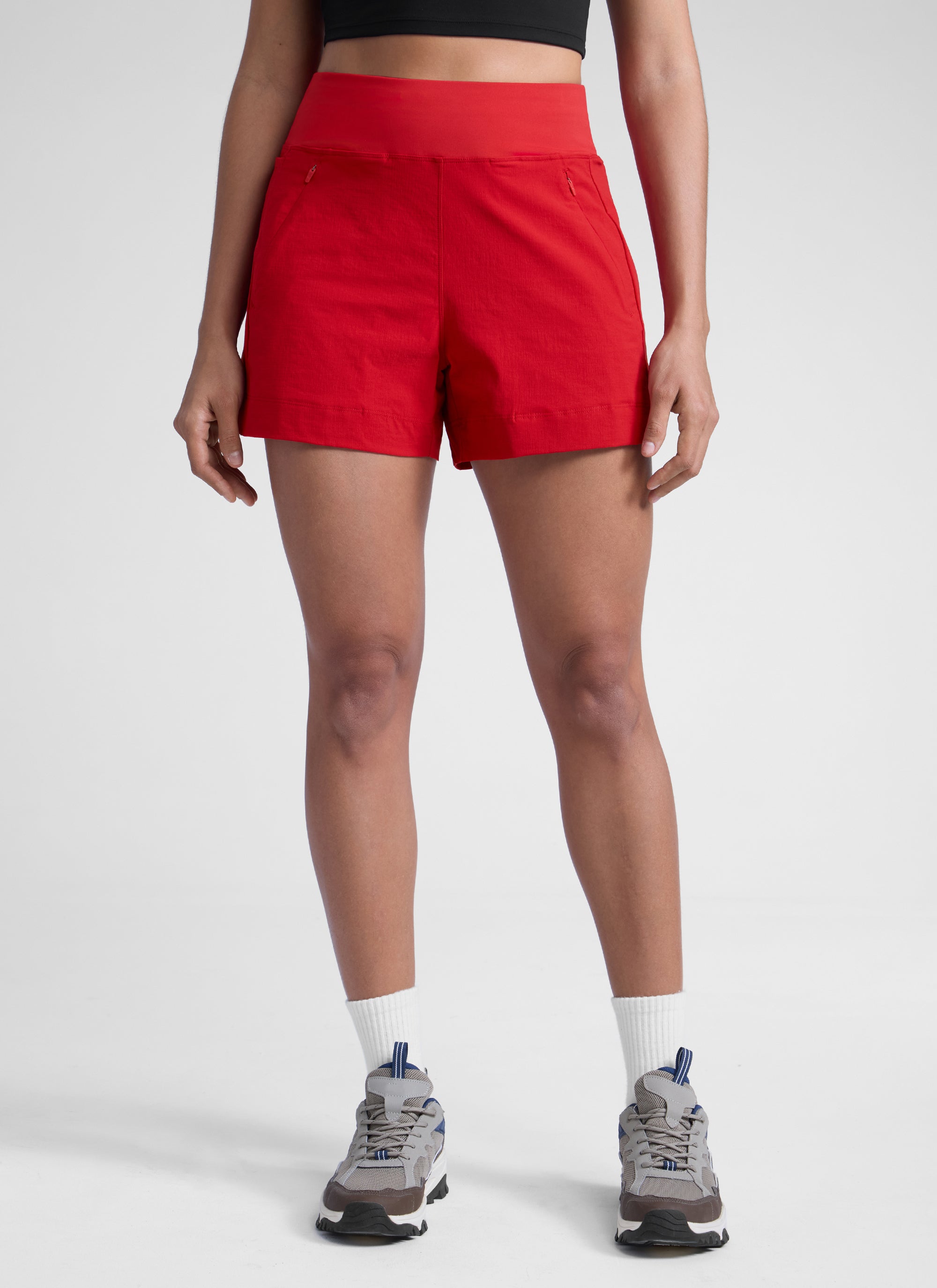 CRZ YOGA Women's Hiking Ripstop Mid-Rise Hiking Shorts Zip Pockets 4'' Red Chili