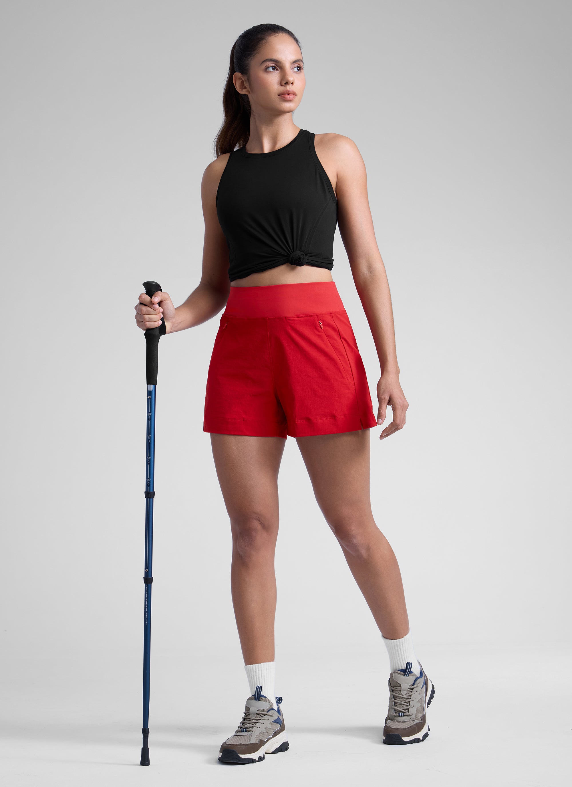 CRZ YOGA Women's Hiking Ripstop Mid-Rise Hiking Shorts Zip Pockets 4'' Red Chili