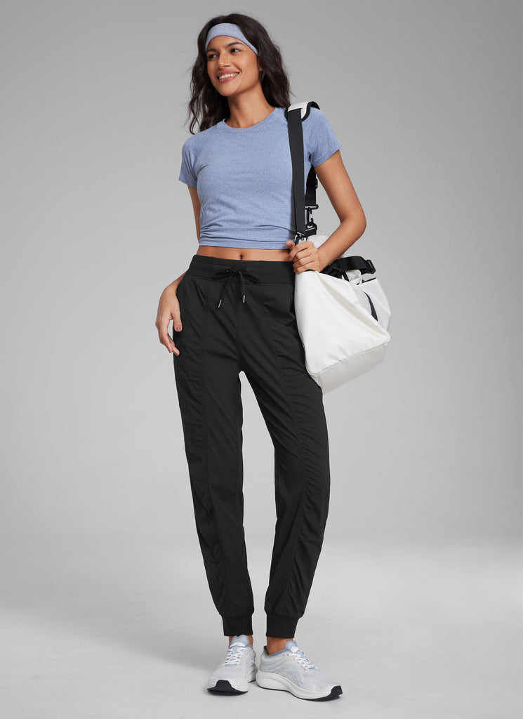 CRZ YOGA Women's Travel Classic Fit Striped Joggers 28'' Ruched Black