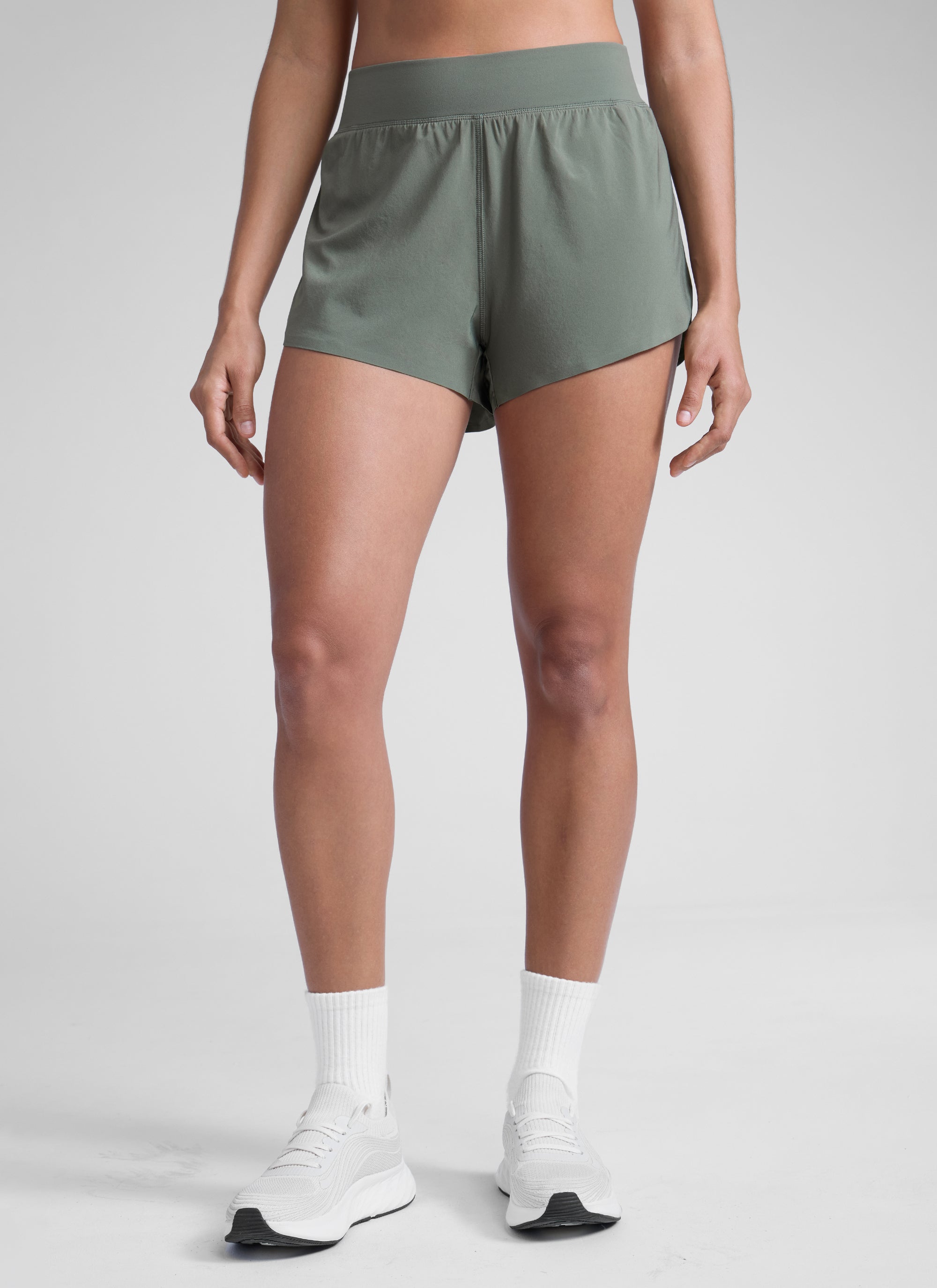 CRZ YOGA Women's Running High Rise Mesh Lined Shorts 3'' Workout Short Grey Sage @model_info:Dany