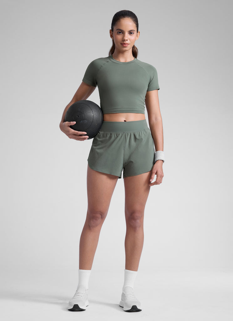 CRZ YOGA Women's Running High Rise Mesh Lined Shorts 3'' Workout Short Grey Sage