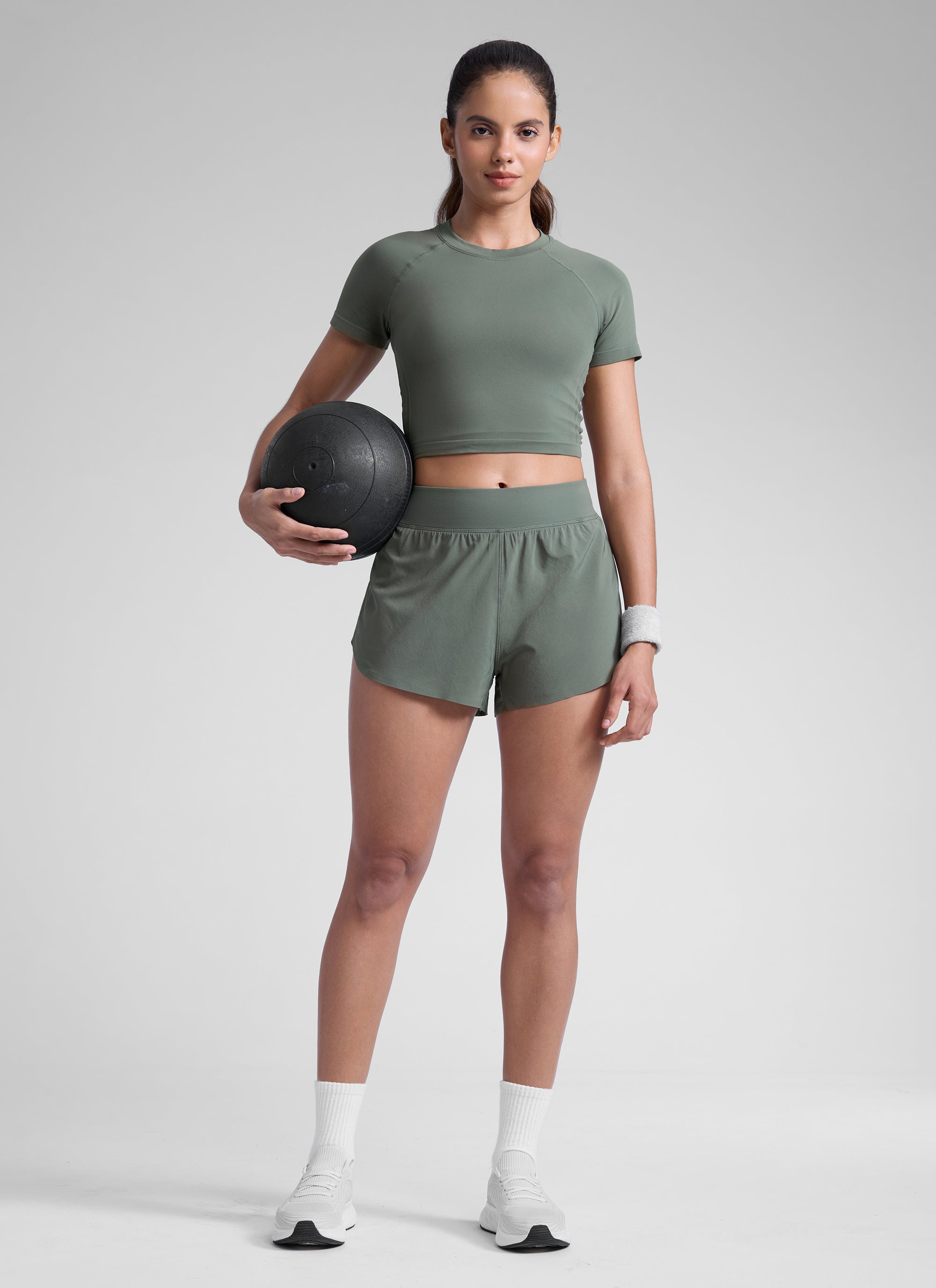 CRZ YOGA Women's Running High Rise Mesh Lined Shorts 3'' Workout Short Grey Sage