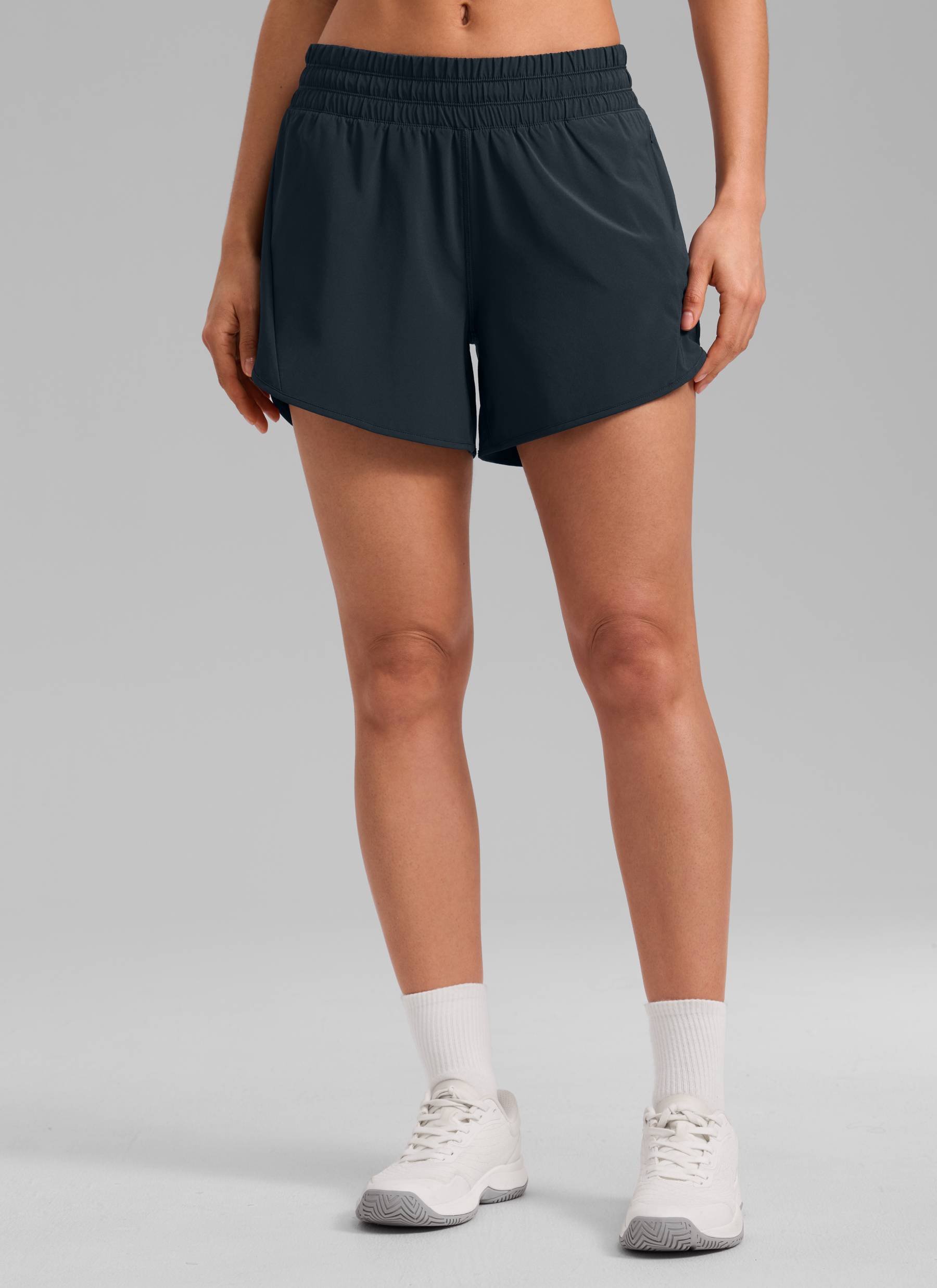 CRZ YOGA Women's Running Mid Rise Feathery-Fit Mesh Liner Shorts 5'' True Navy