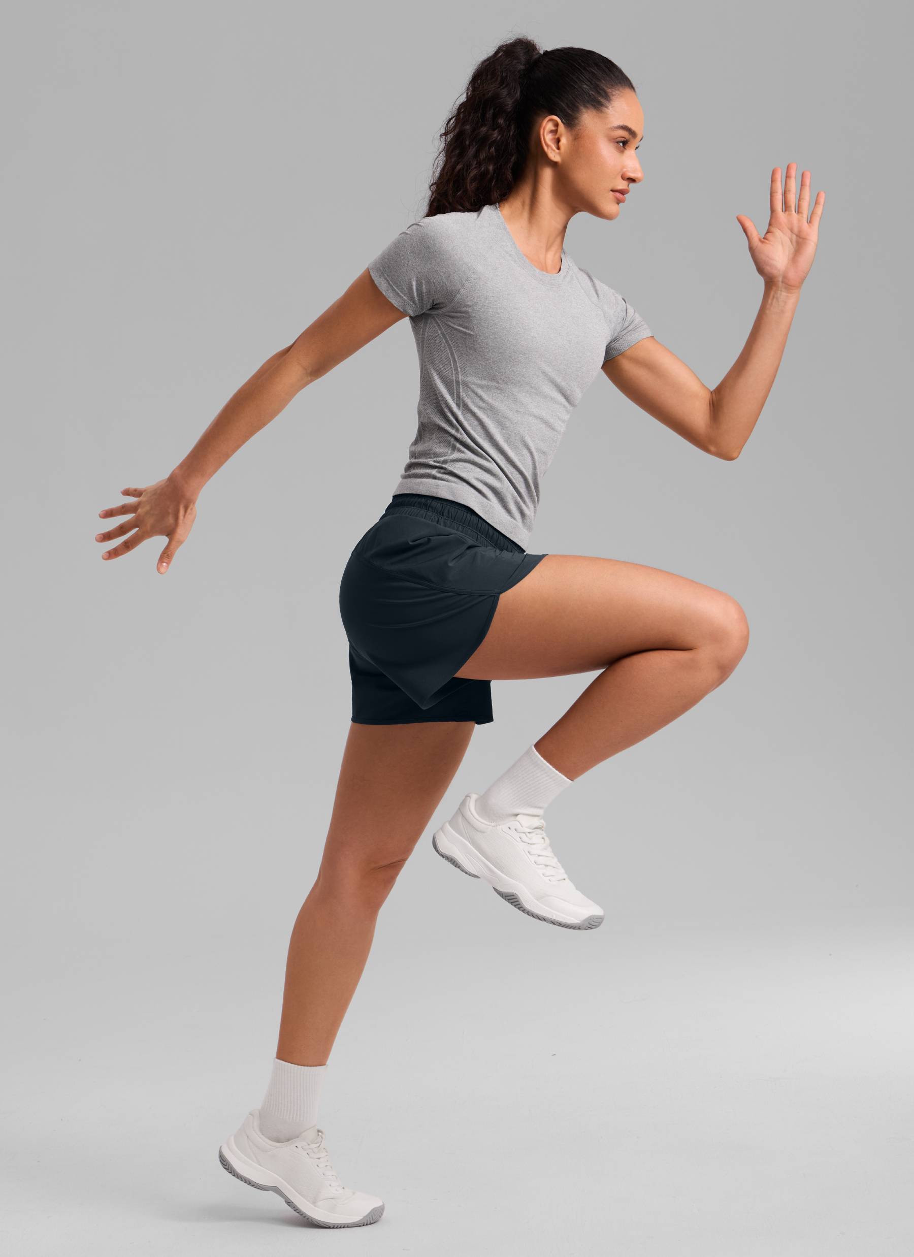 CRZ YOGA Women's Running Mid Rise Feathery-Fit Mesh Liner Shorts 5'' True Navy