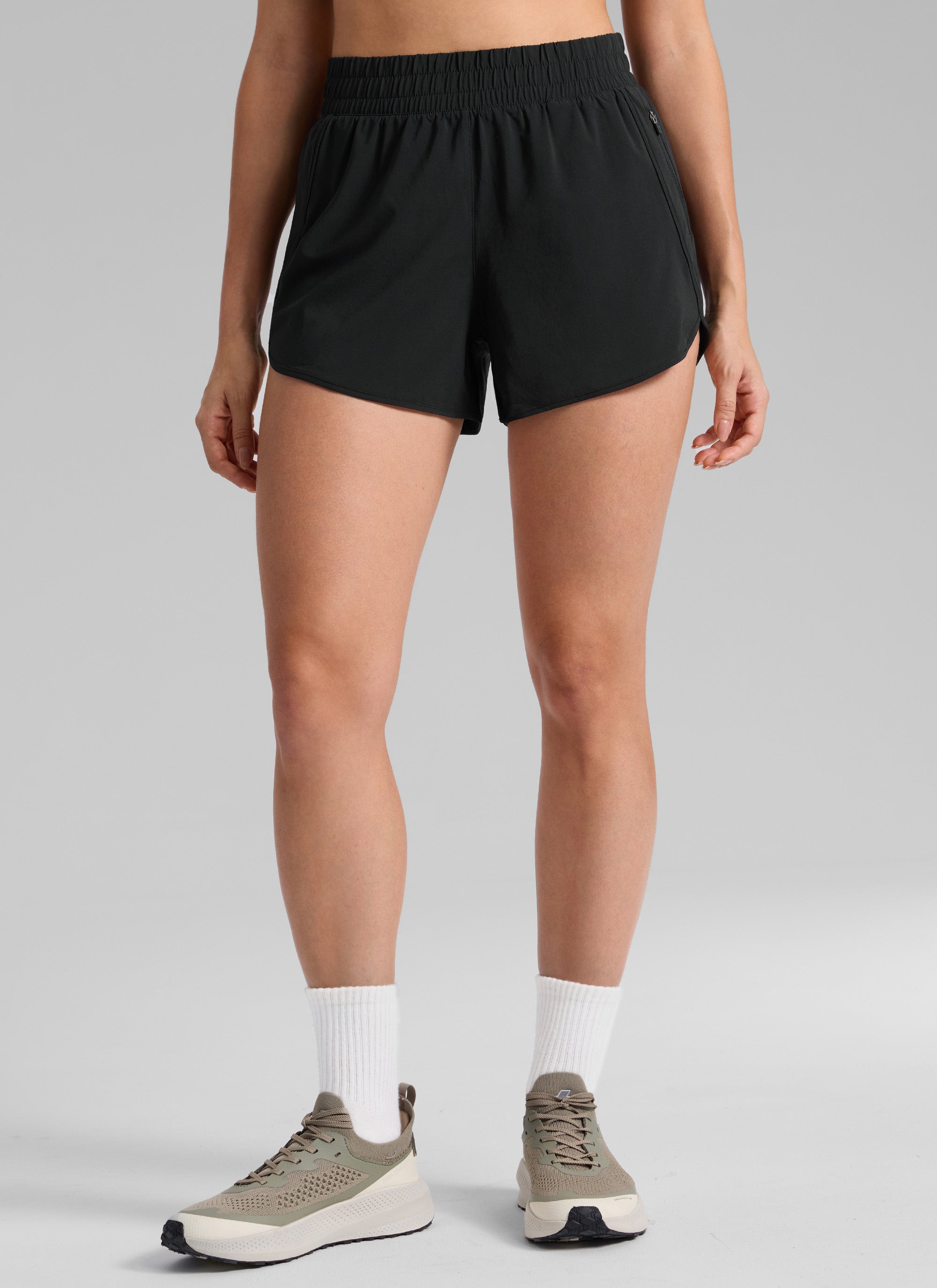 CRZ YOGA Women's Running High Waisted Mesh Lined Shorts 3'' Black @model_info:Bruna