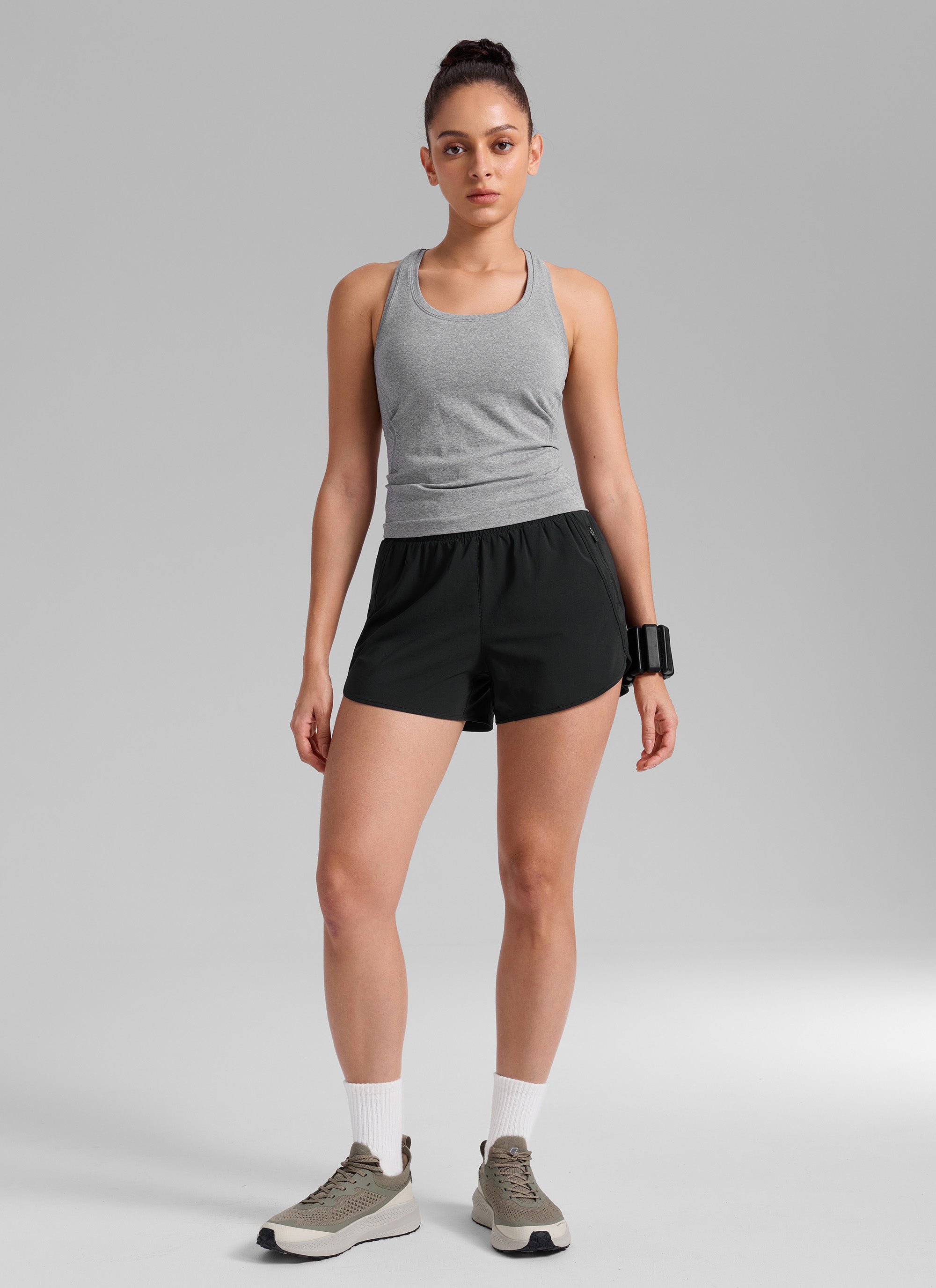CRZ YOGA Women's Running High Waisted Mesh Lined Shorts 3'' Black @model_info:Bruna