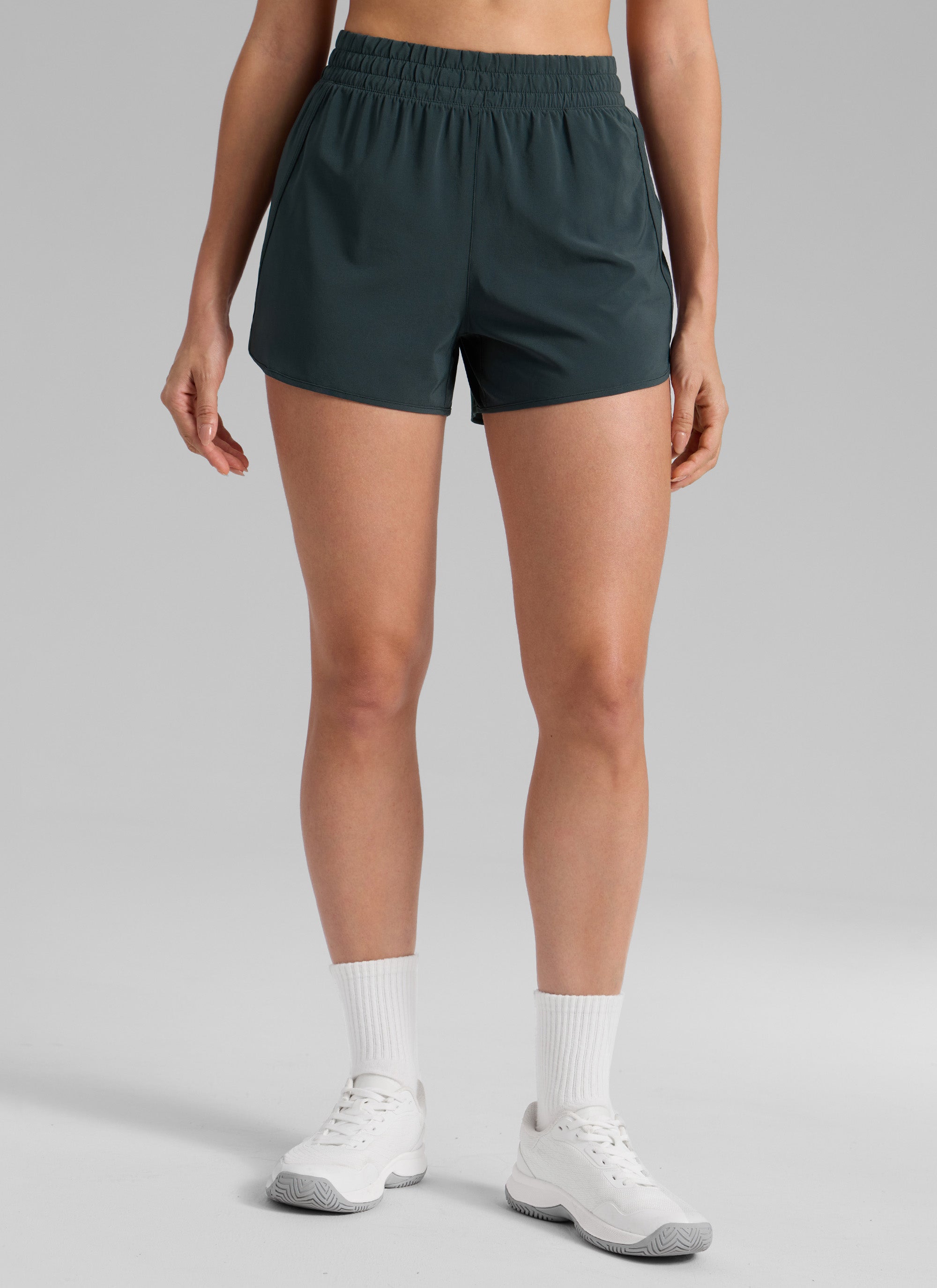 CRZ YOGA Women's Running High Waisted Mesh Lined Shorts 3'' Melanite @model_info:Bruna