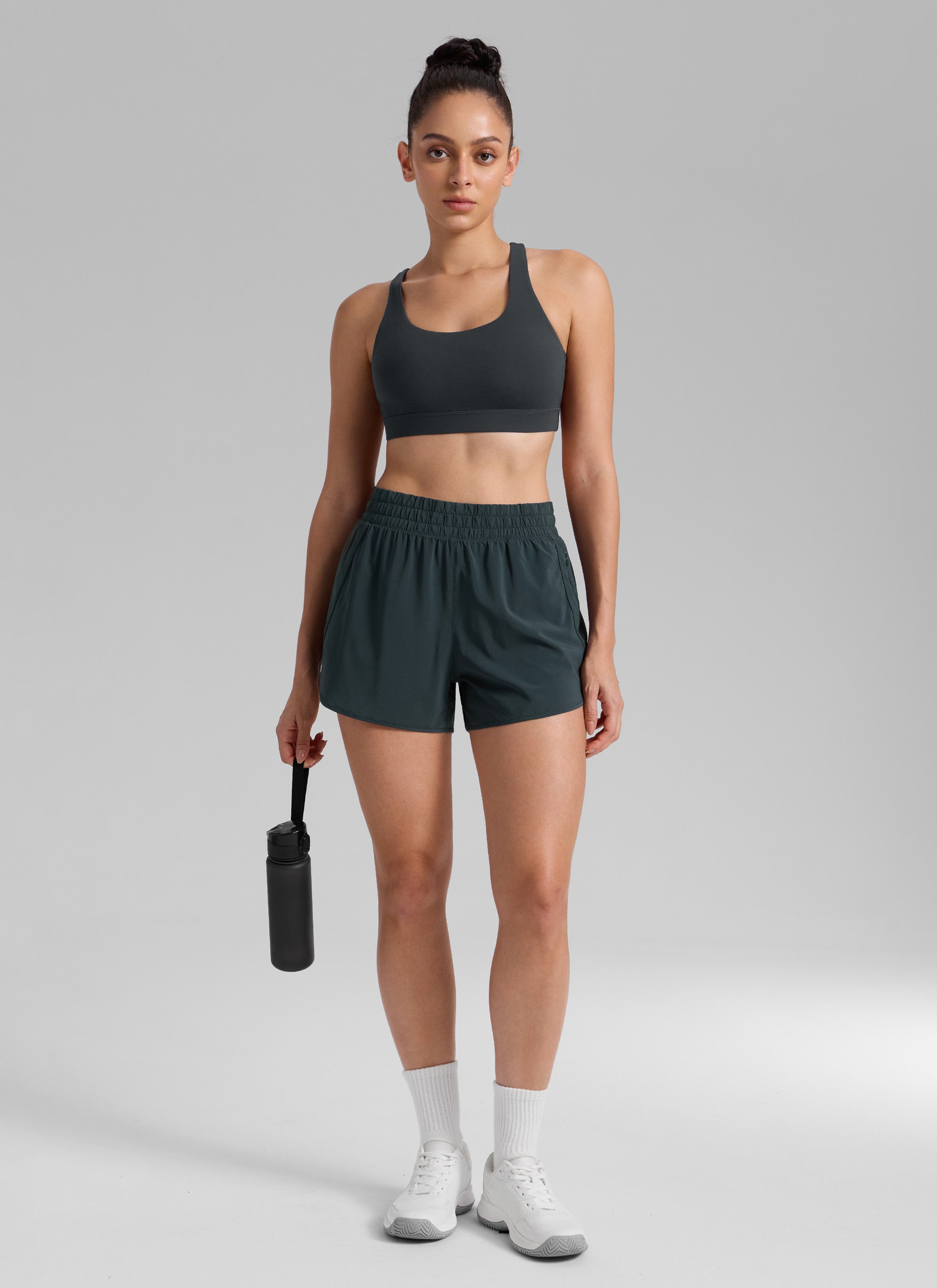 CRZ YOGA Women's Running High Waisted Mesh Lined Shorts 3'' Melanite @model_info:Bruna