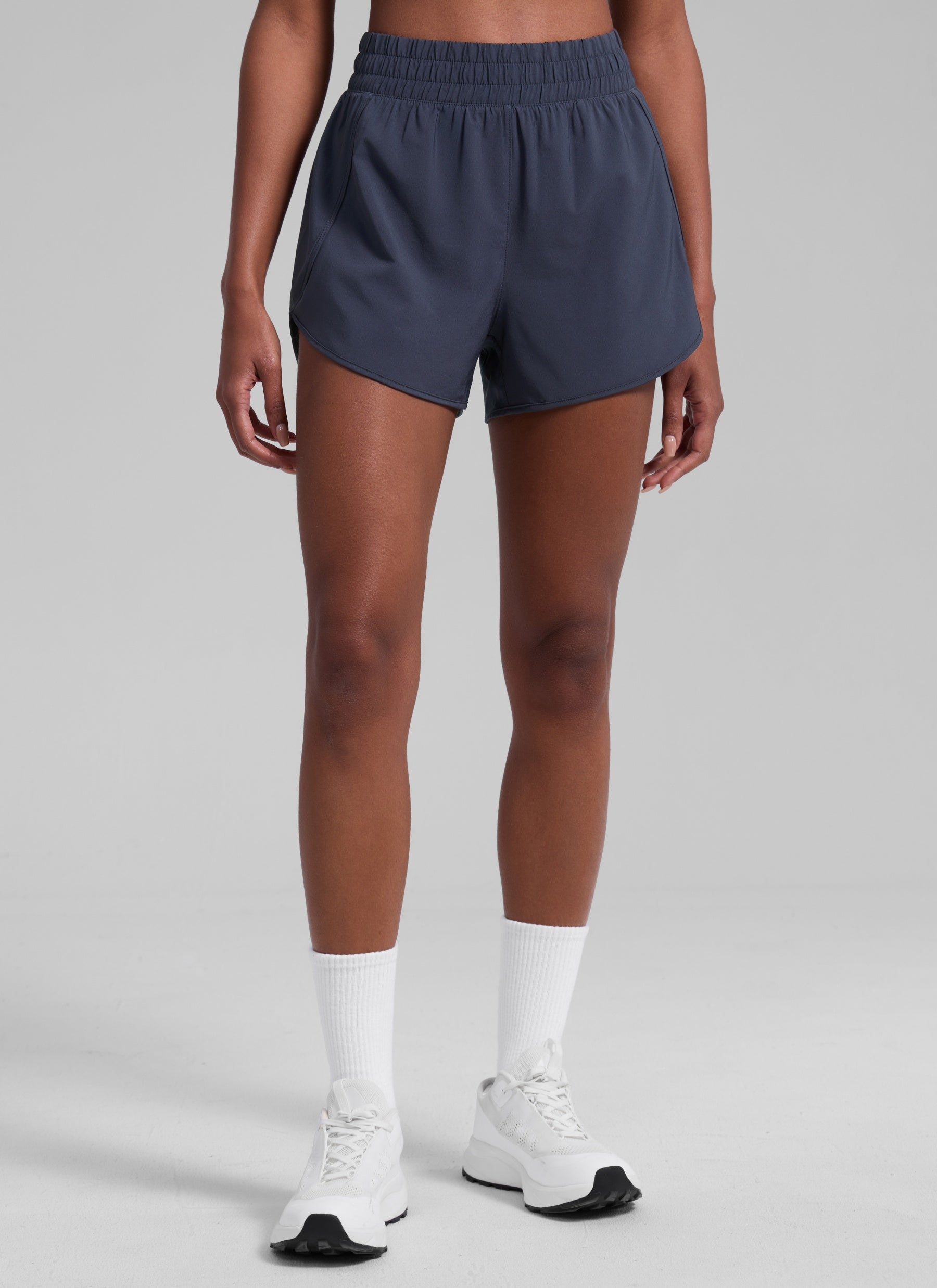 CRZ YOGA Women's Running High Waisted Mesh Lined Shorts 3'' Navy @model_info:Patrica