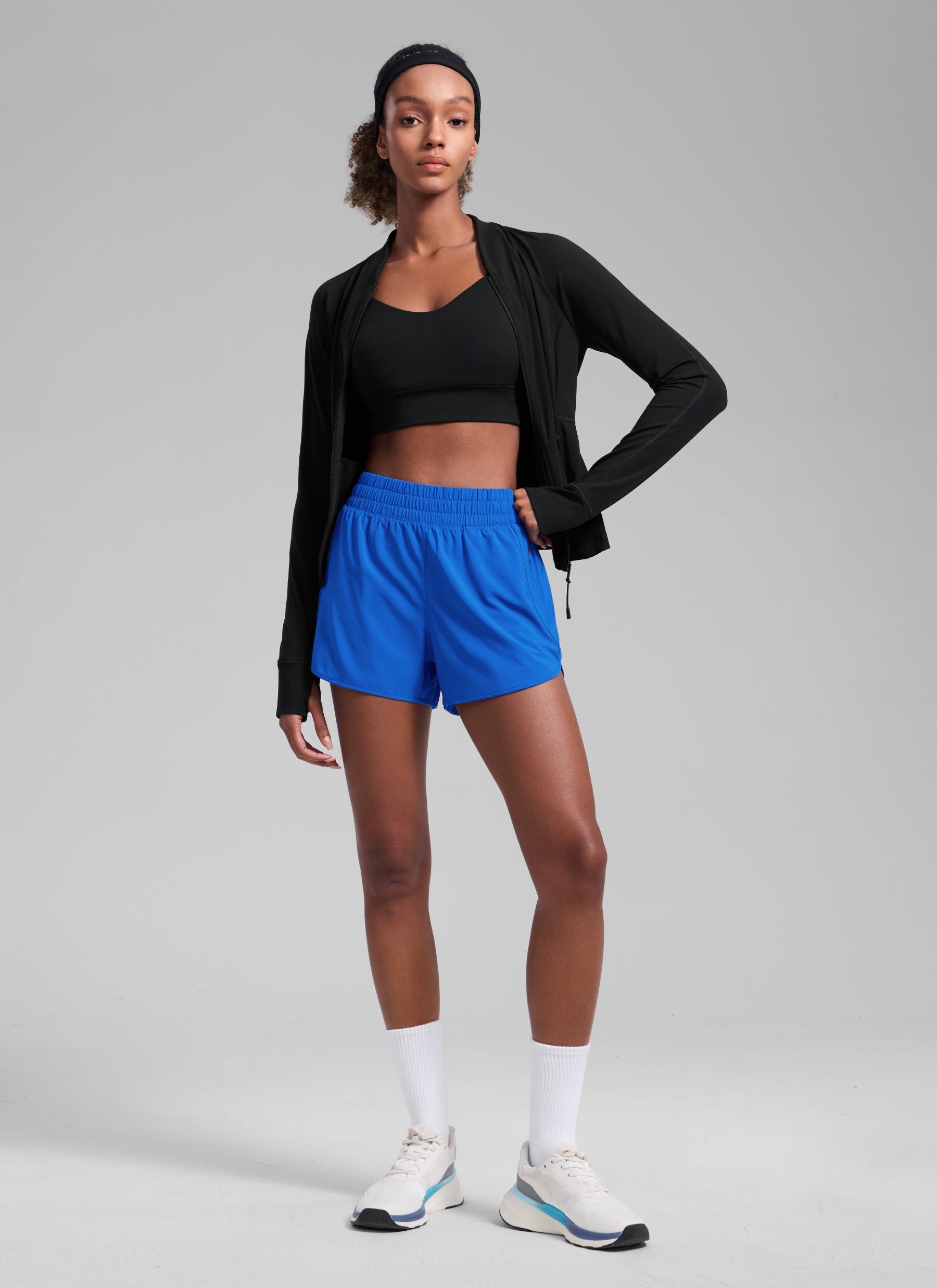 CRZ YOGA Women's Running High Waisted Mesh Lined Shorts 3'' Sparkle Blue @model_info:Patrica