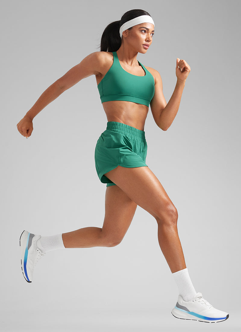 CRZ YOGA Women's Running High Waisted Mesh Lined Shorts 3'' Cascadia Green @model_info:Amanda