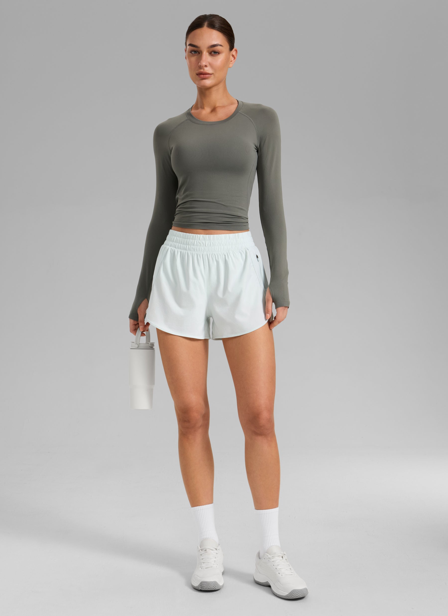 CRZ YOGA Women's Running High Waisted Mesh Lined Shorts 3'' Ocean Air @model_info:K