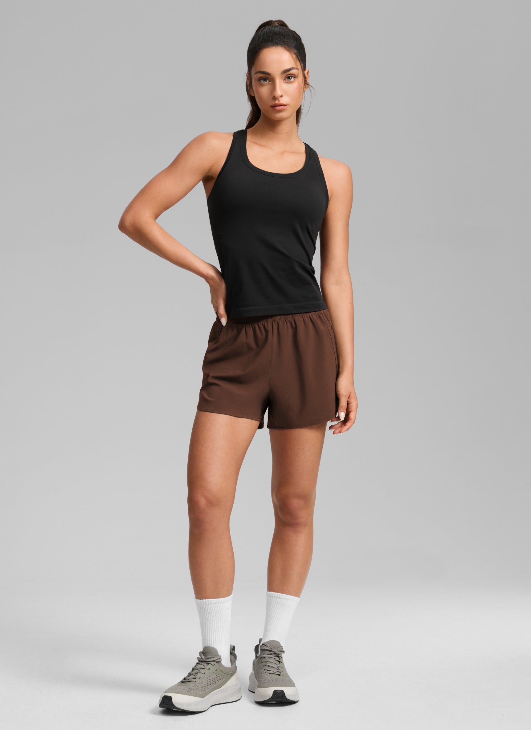 CRZ YOGA Women's Running High Waisted Mesh Lined Shorts 3'' Lava Brown @model_info:Q1