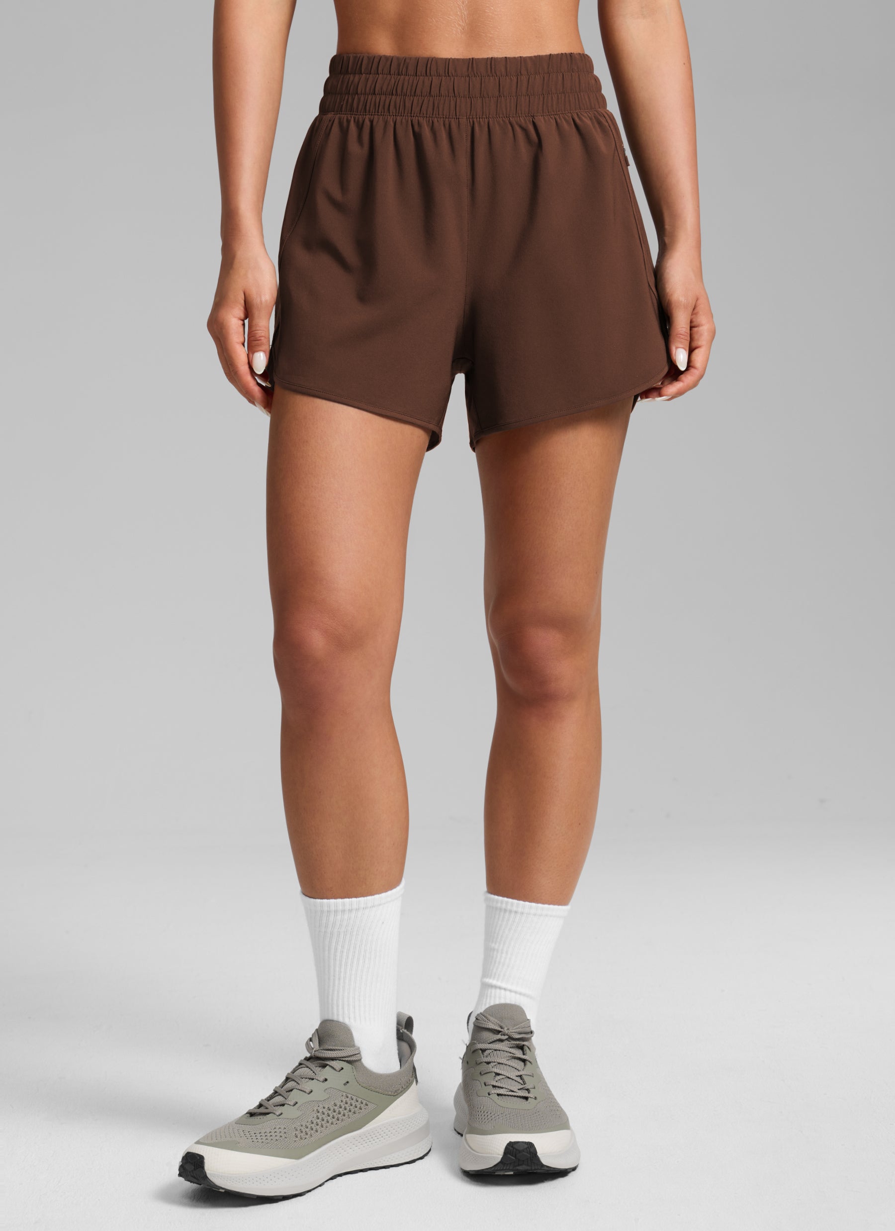 CRZ YOGA Women's Running High Waisted Mesh Lined Shorts 3'' Lava Brown @model_info:S1