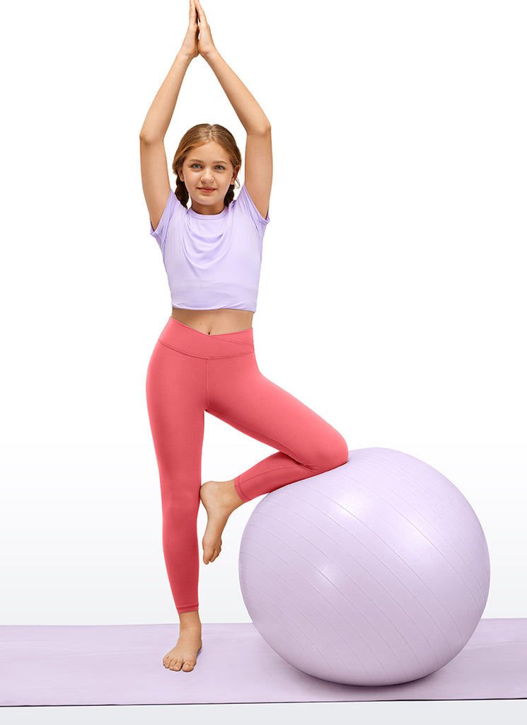 CRZ YOGA Girl's High Rise Butterluxe Sport Leggings 25'' V Cross Waist Raspberry Sorbet