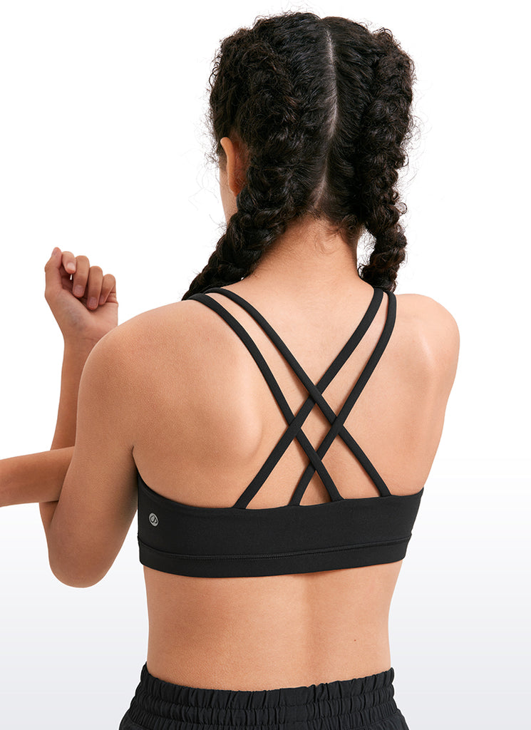 CRZ YOGA Girls Molded Cups Spaghetti Strappy Sports Bra Criss Cross Black