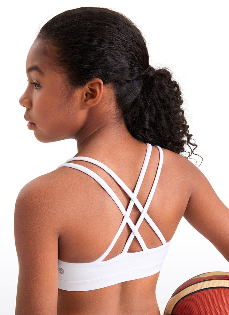 CRZ YOGA Girls Molded Cups Spaghetti Strappy Sports Bra Criss Cross White