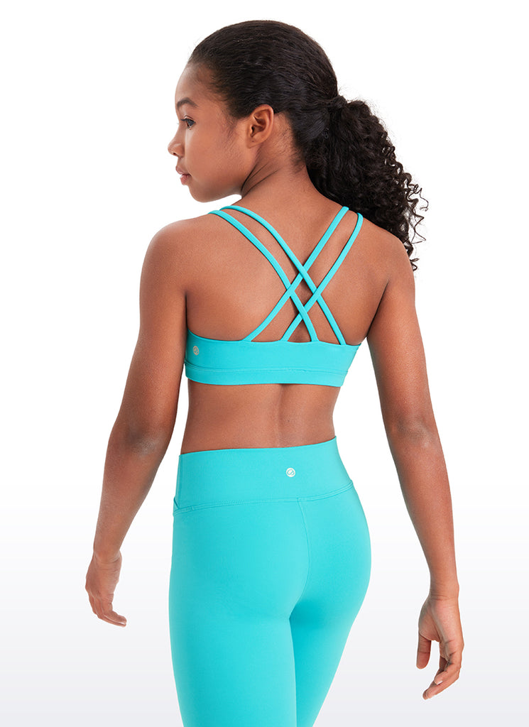 CRZ YOGA Girls Molded Cups Spaghetti Strappy Sports Bra Criss Cross Spectral Blue