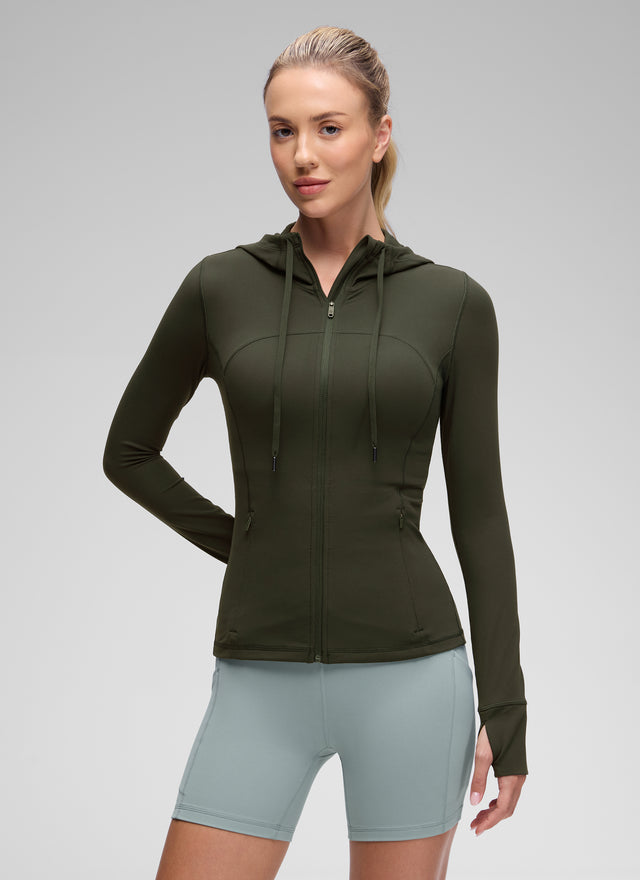 CRZ YOGA Women's Butterluxe Slim Fit Pocket Outerwear Full Zip Hoodies Olive Green