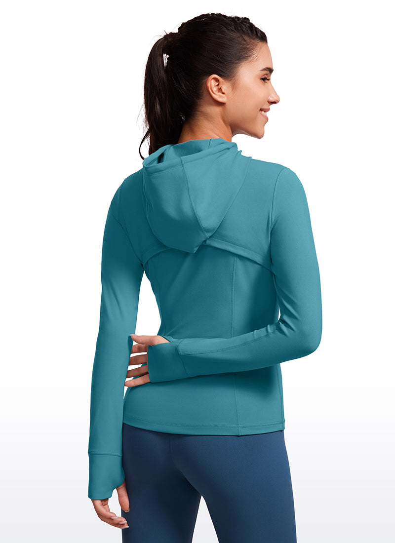 CRZ YOGA Women's Butterluxe Slim Fit Pocket Outerwear Full Zip Hoodies Borealis Green @model_info:gabri