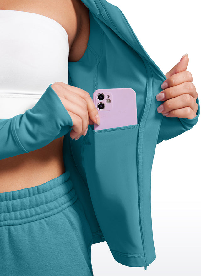 CRZ YOGA Women's Butterluxe Slim Fit Pocket Outerwear Full Zip Hoodies Borealis Green @model_info:gabri
