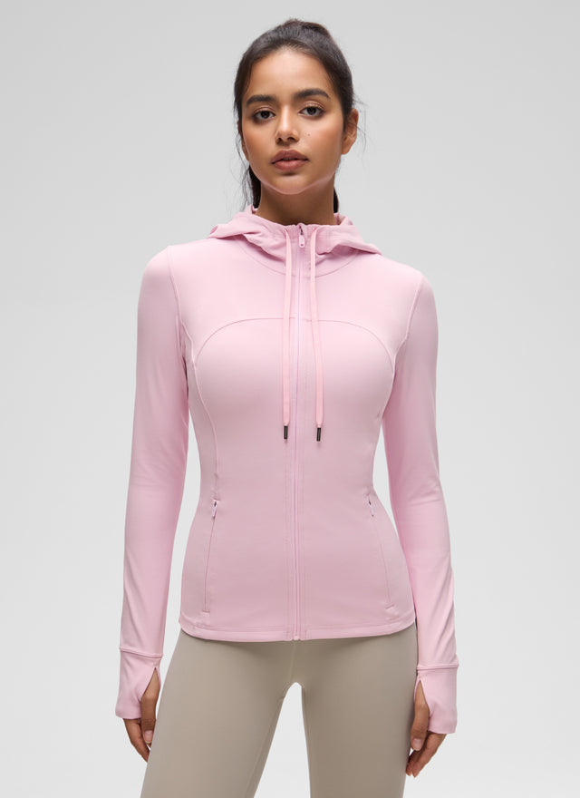 CRZ YOGA Women's Butterluxe Slim Fit Pocket Outerwear Full Zip Hoodies Pink Peony @model_info:Liss