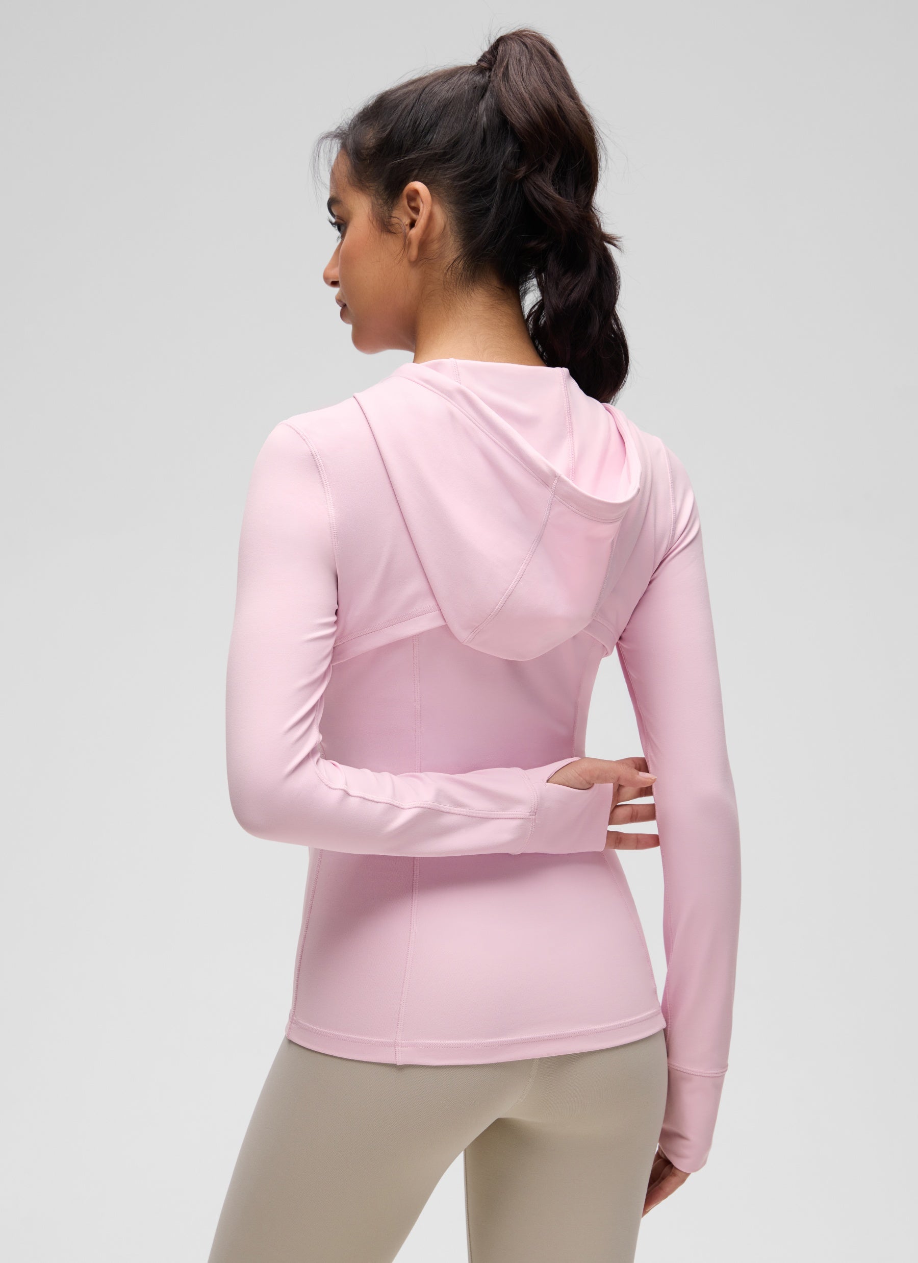 CRZ YOGA Women's Butterluxe Slim Fit Pocket Outerwear Full Zip Hoodies Pink Peony @model_info:Liss