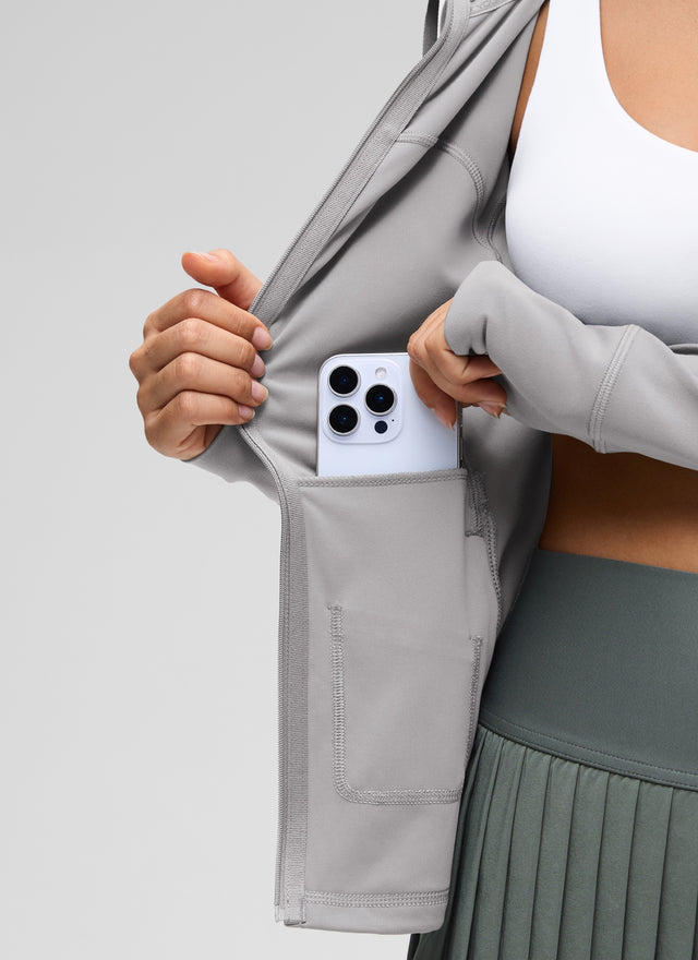 CRZ YOGA Women's Butterluxe Slim Fit Pocket Outerwear Full Zip Hoodies Gull Gray @model_info:Liss