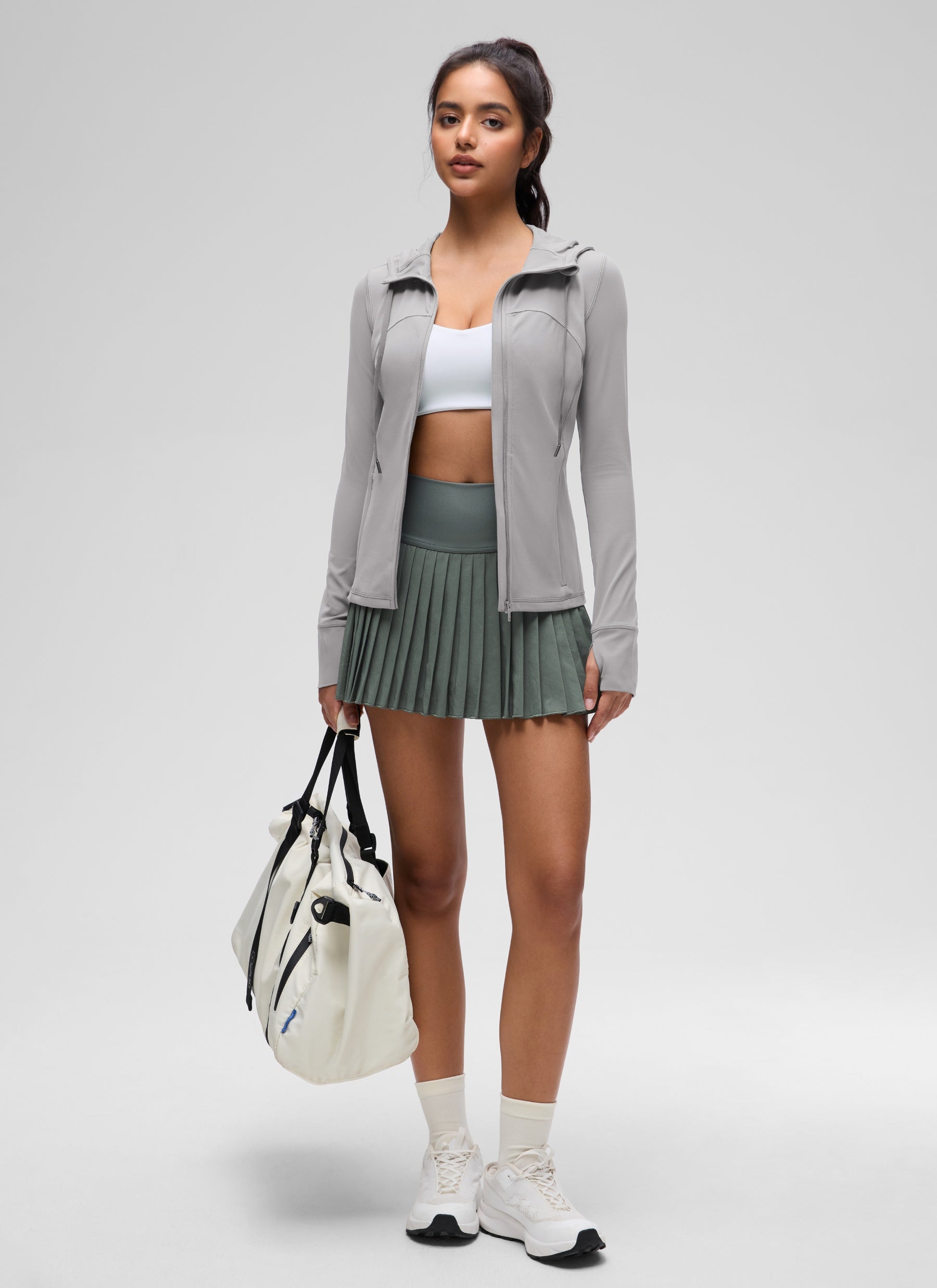 CRZ YOGA Women's Butterluxe Slim Fit Pocket Outerwear Full Zip Hoodies Gull Gray @model_info:Liss