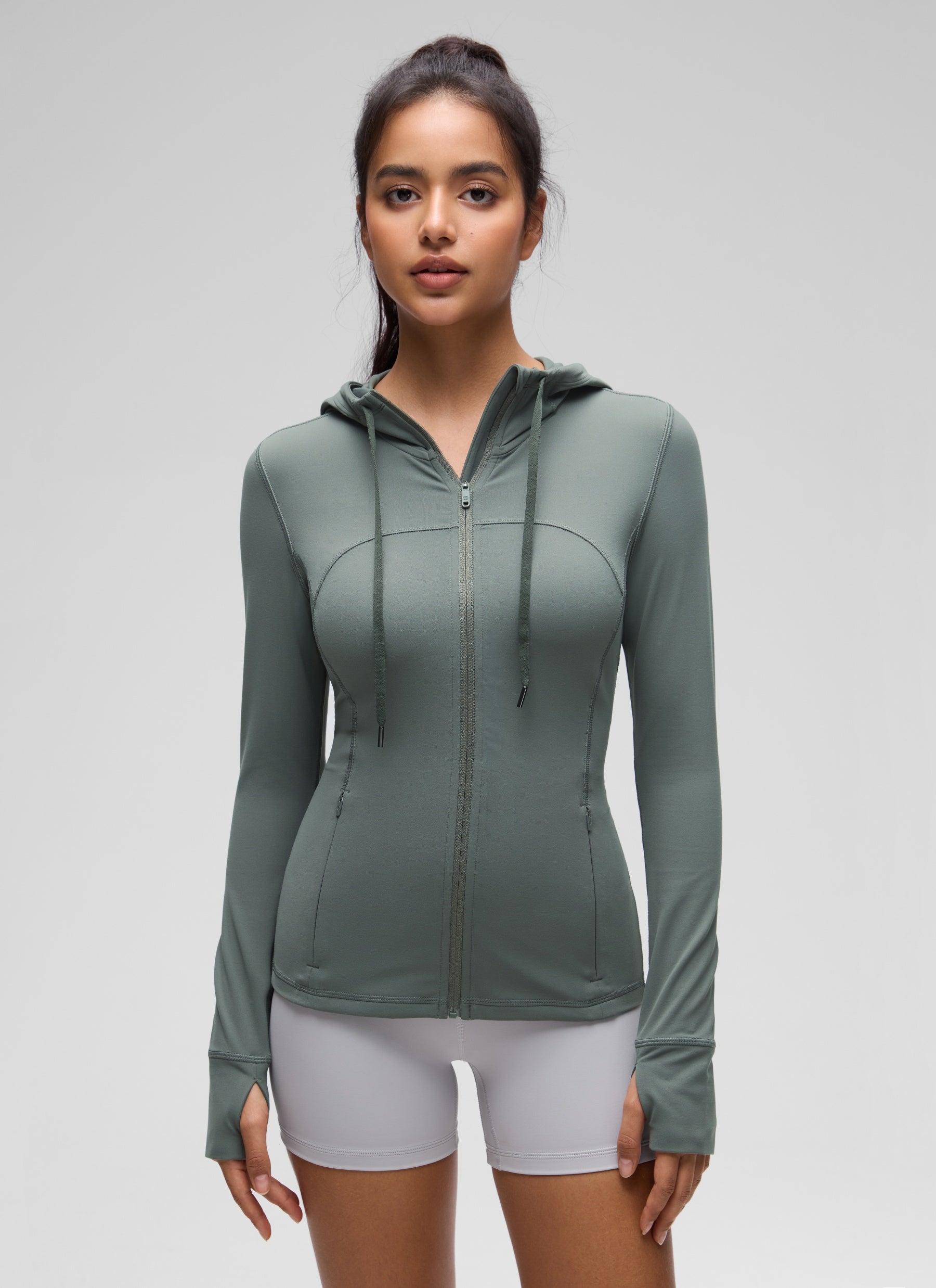 CRZ YOGA Women's Butterluxe Slim Fit Pocket Outerwear Full Zip Hoodies Grey Sage @model_info:Liss