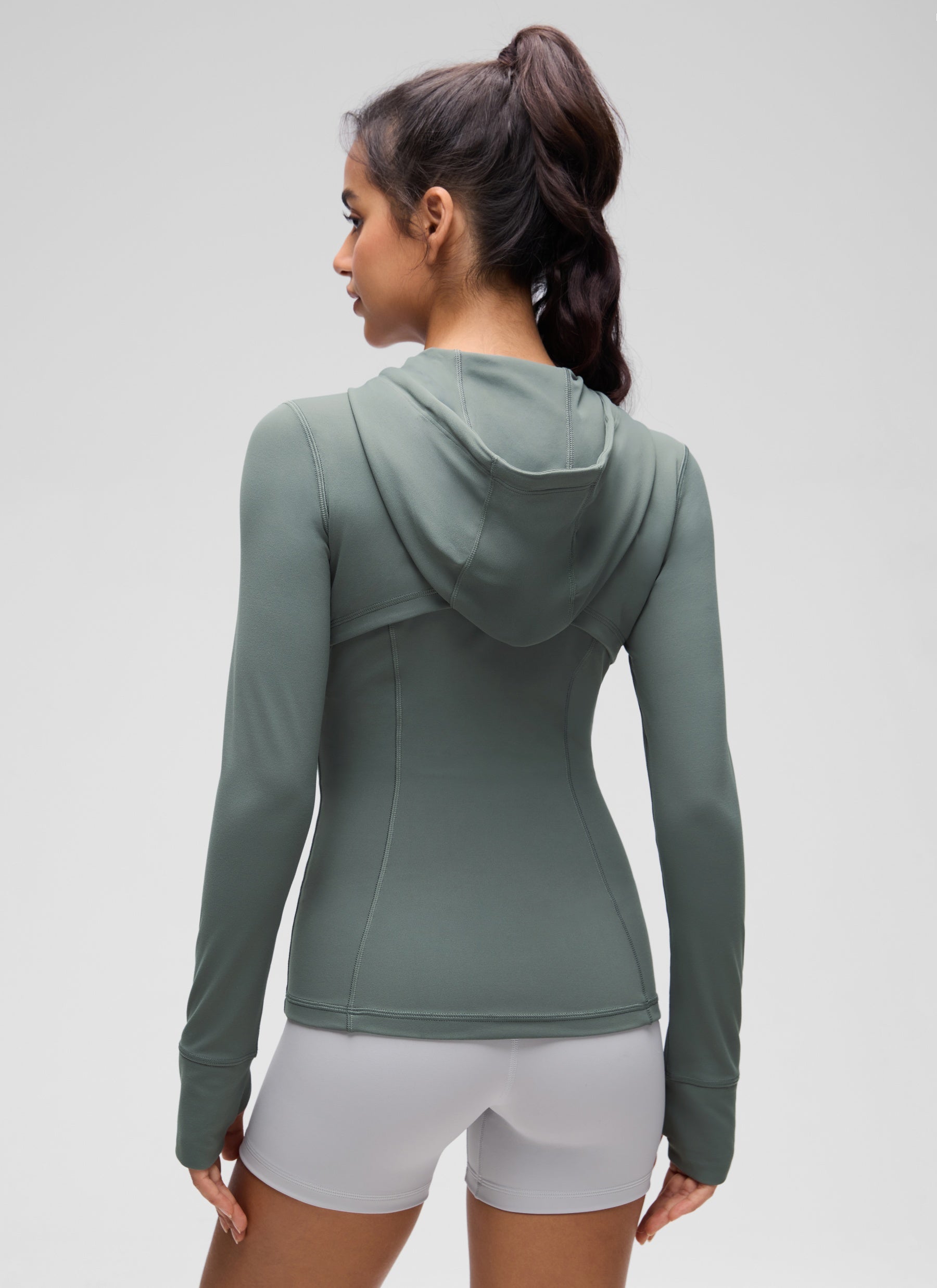 CRZ YOGA Women's Butterluxe Slim Fit Pocket Outerwear Full Zip Hoodies Grey Sage @model_info:Liss