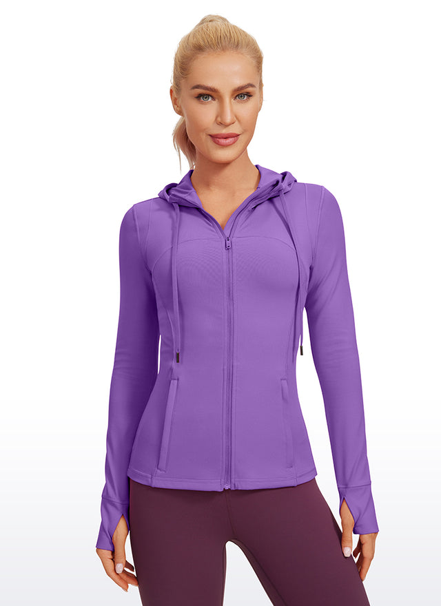 CRZ YOGA Women's Butterluxe Slim Fit Pocket Outerwear Full Zip Hoodies Royal Lilac @model_info:natali