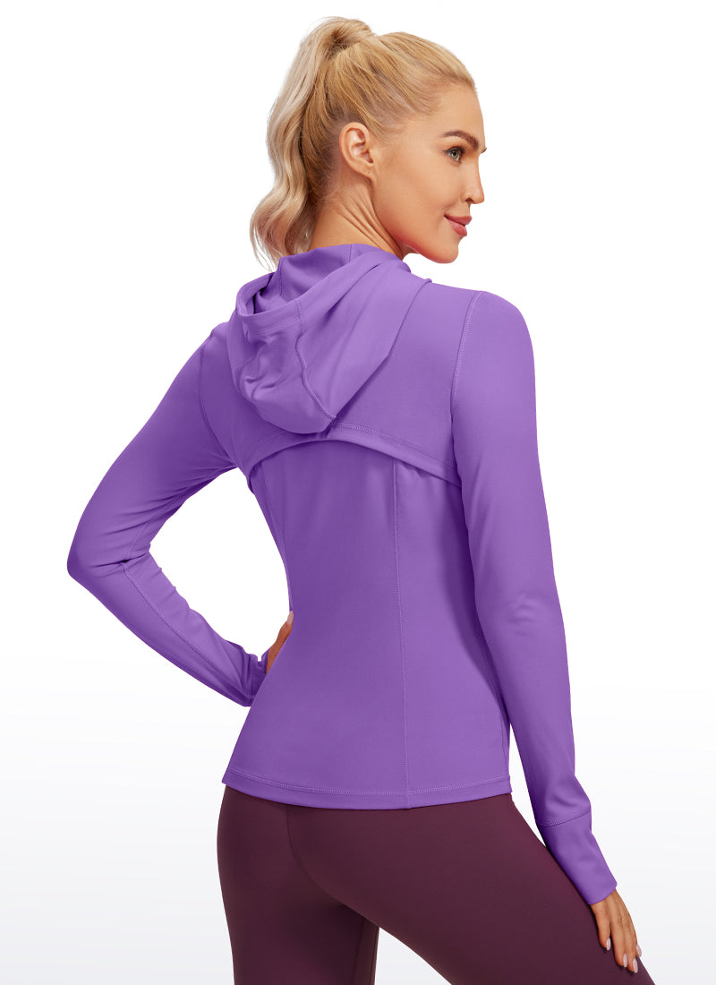 CRZ YOGA Women's Butterluxe Slim Fit Pocket Outerwear Full Zip Hoodies Royal Lilac @model_info:natali