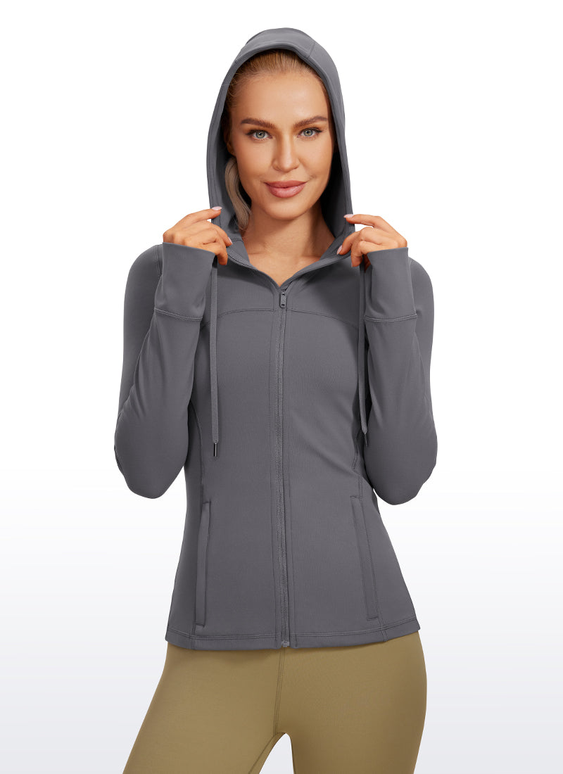 CRZ YOGA Women's Butterluxe Slim Fit Pocket Outerwear Full Zip Hoodies Dark Carbon
