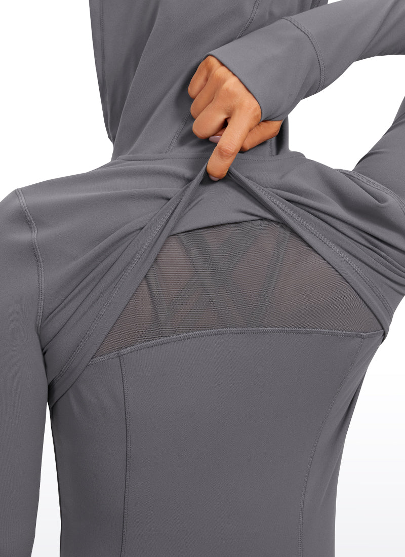 CRZ YOGA Women's Butterluxe Slim Fit Pocket Outerwear Full Zip Hoodies Dark Carbon @model_info:N