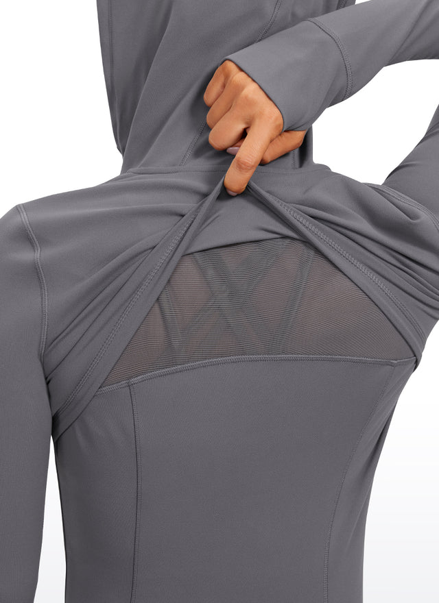 CRZ YOGA Women's Butterluxe Slim Fit Pocket Outerwear Full Zip Hoodies Dark Carbon @model_info:N