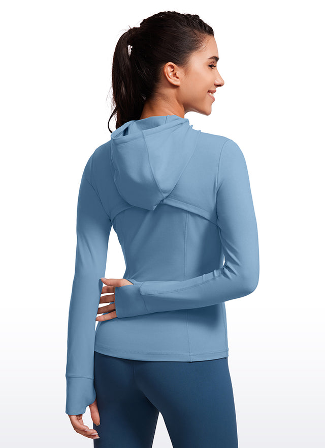 CRZ YOGA Women's Butterluxe Slim Fit Pocket Outerwear Full Zip Hoodies Universe Blue @model_info:gabri
