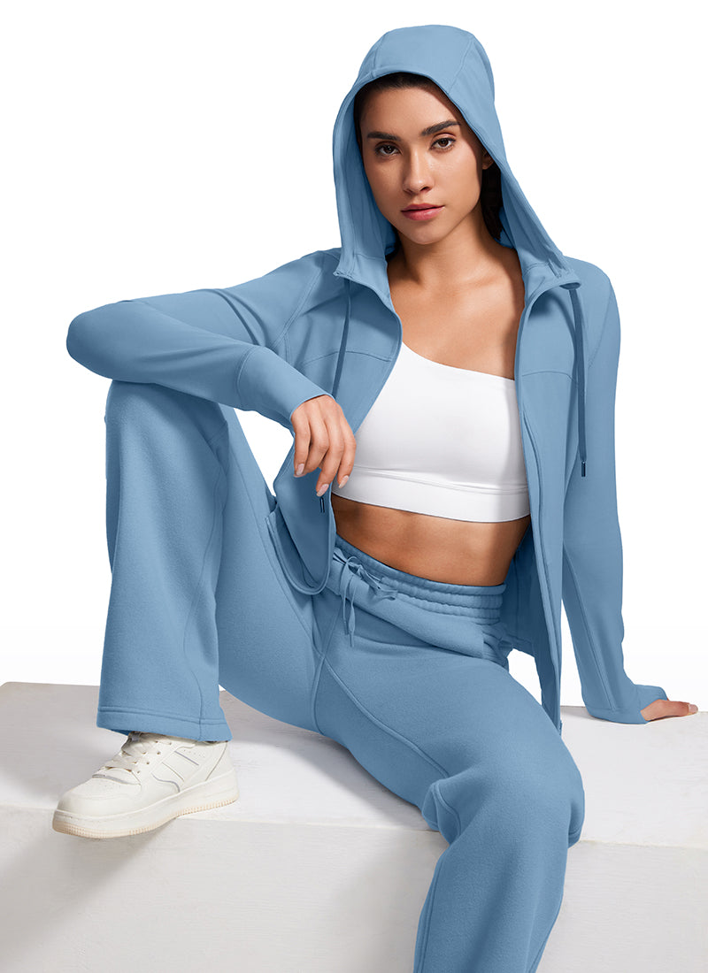 CRZ YOGA Women's Butterluxe Slim Fit Pocket Outerwear Full Zip Hoodies Universe Blue @model_info:gabri