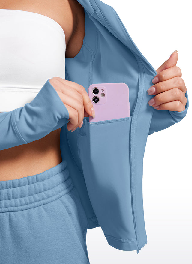 CRZ YOGA Women's Butterluxe Slim Fit Pocket Outerwear Full Zip Hoodies Universe Blue @model_info:gabri