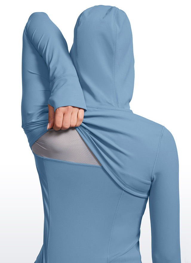 CRZ YOGA Women's Butterluxe Slim Fit Pocket Outerwear Full Zip Hoodies Universe Blue @model_info:gabri
