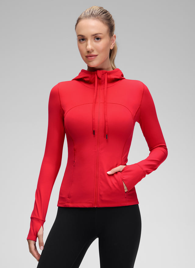 CRZ YOGA Women's Butterluxe Slim Fit Pocket Outerwear Full Zip Hoodies Aurora Red @model_info:Anna