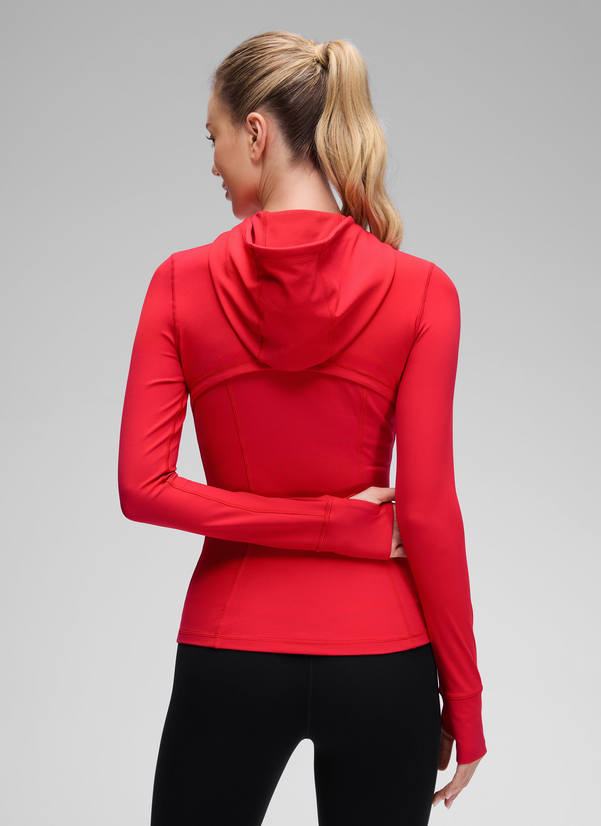 CRZ YOGA Women's Butterluxe Slim Fit Pocket Outerwear Full Zip Hoodies Aurora Red @model_info:Anna